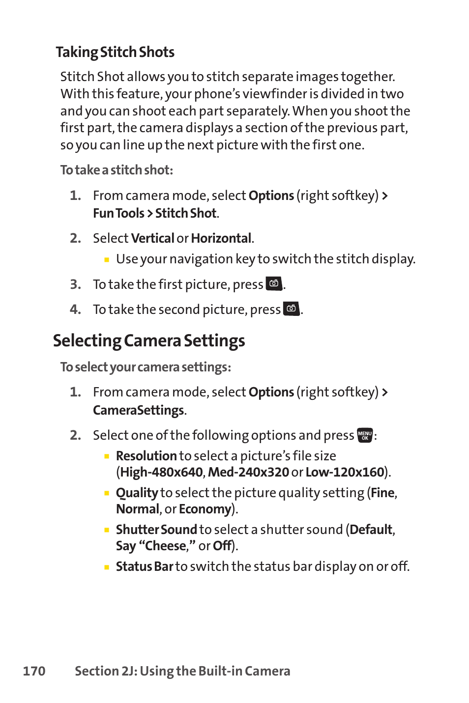 Selecting camera settings, Taking stitch shots | Sprint Nextel SANYO SCP-3200 User Manual | Page 186 / 281