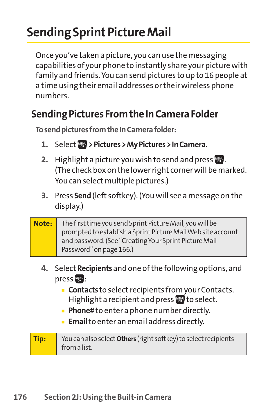 Sending sprint picture mail, Sending pictures from the in camera folder | Sprint Nextel SANYO SCP-3200 User Manual | Page 192 / 281
