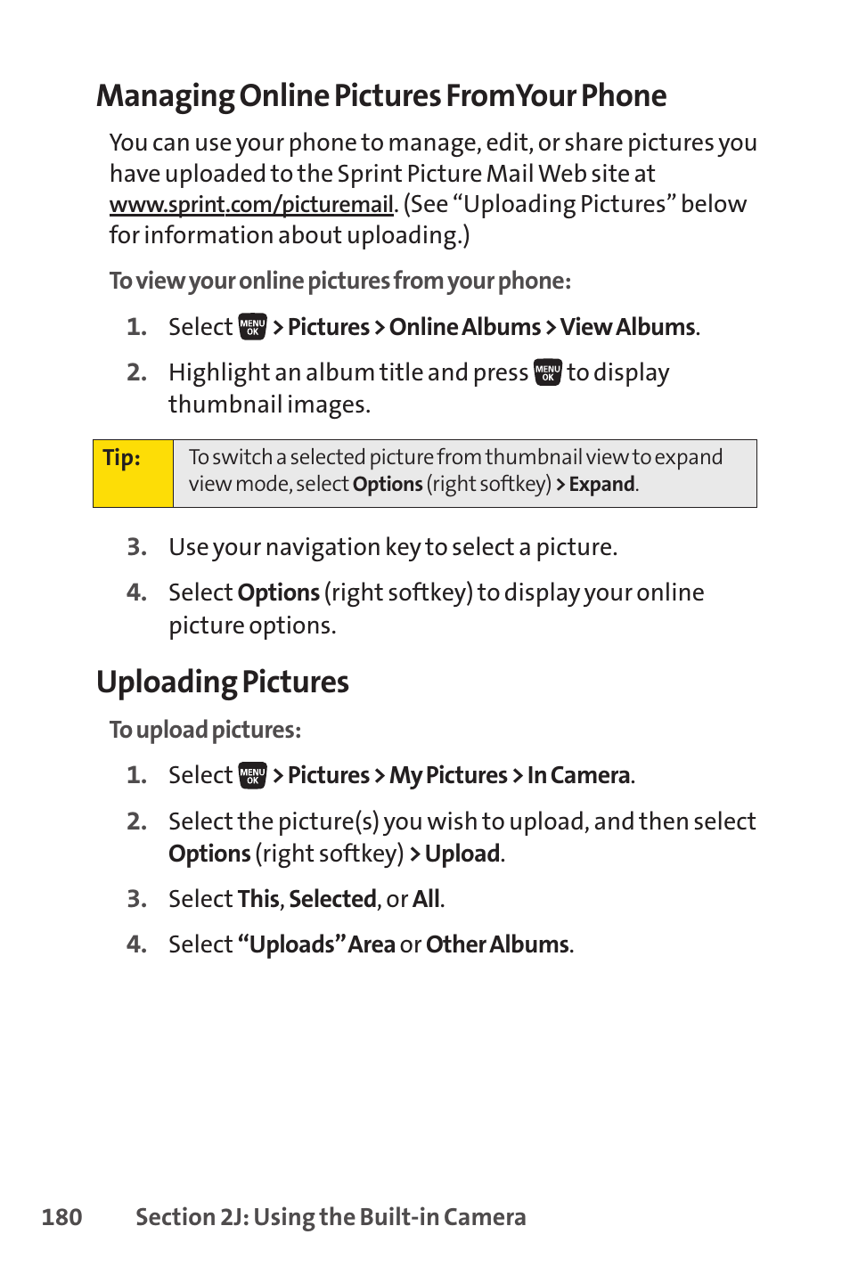 Managing online pictures fromyour phone, Uploading pictures | Sprint Nextel SANYO SCP-3200 User Manual | Page 196 / 281