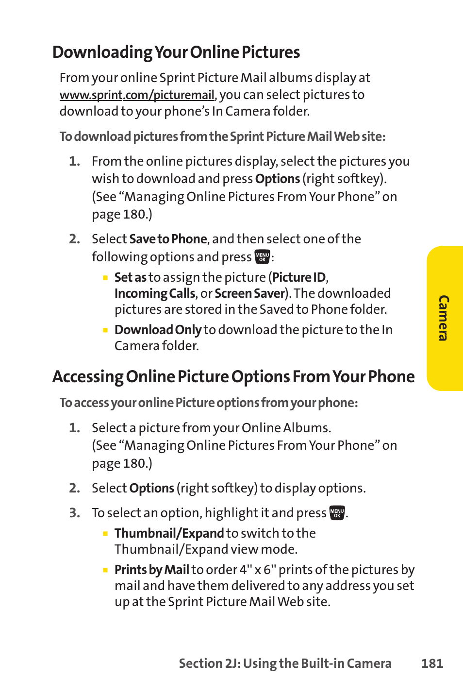 Downloading your online pictures, Accessing online picture options from your phone | Sprint Nextel SANYO SCP-3200 User Manual | Page 197 / 281