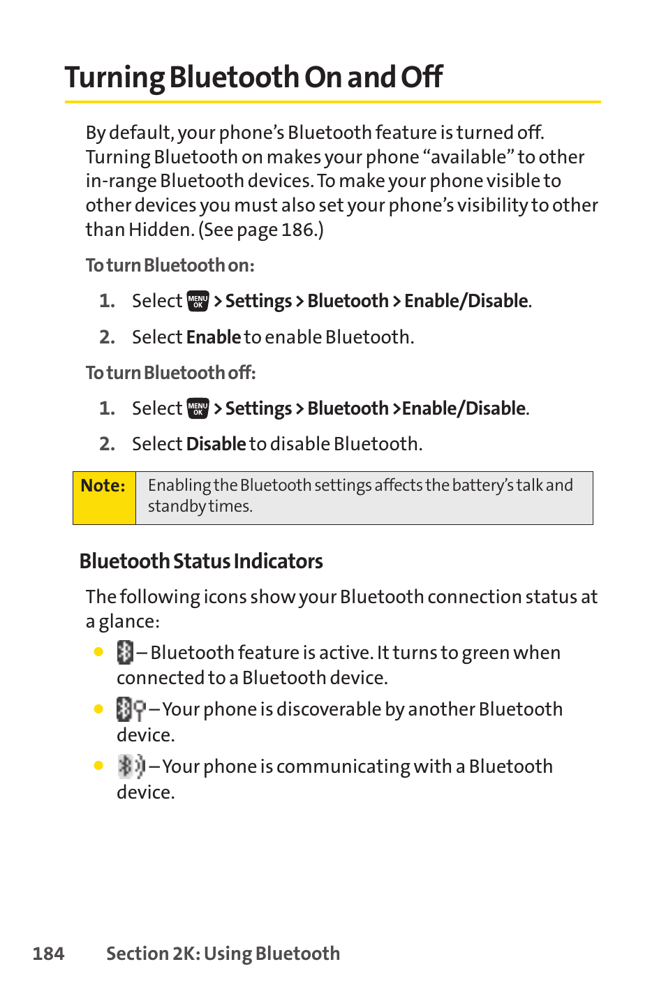 Turning bluetooth on and off | Sprint Nextel SANYO SCP-3200 User Manual | Page 200 / 281