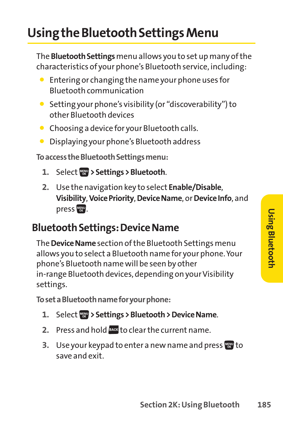 Using the bluetooth settings menu, Bluetooth settings: device name | Sprint Nextel SANYO SCP-3200 User Manual | Page 201 / 281