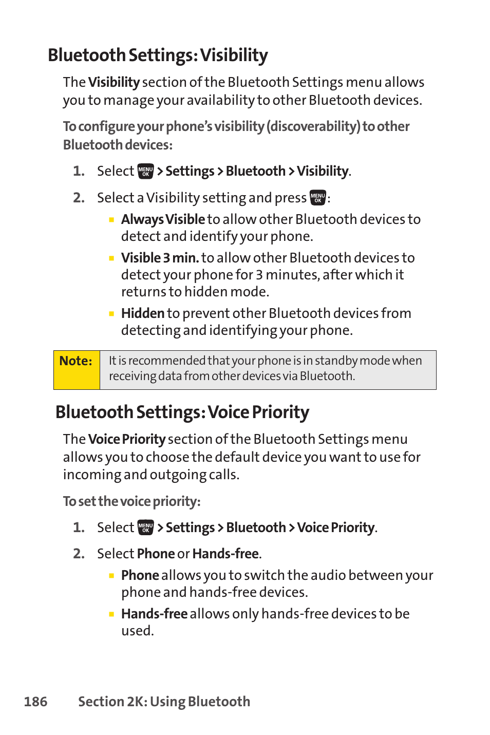Bluetooth settings: visibility, Bluetooth settings: voice priority | Sprint Nextel SANYO SCP-3200 User Manual | Page 202 / 281