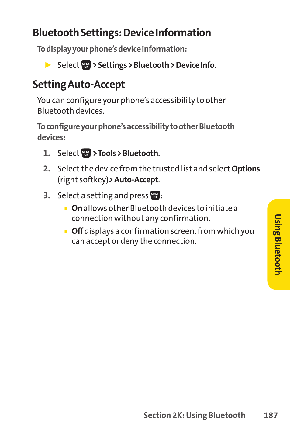 Bluetooth settings: device information, Setting auto-accept | Sprint Nextel SANYO SCP-3200 User Manual | Page 203 / 281