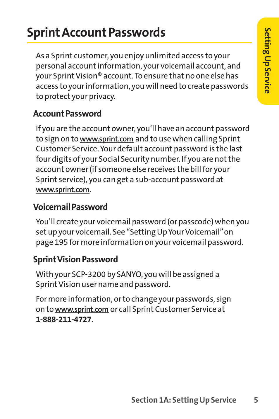 Sprint account passwords | Sprint Nextel SANYO SCP-3200 User Manual | Page 21 / 281