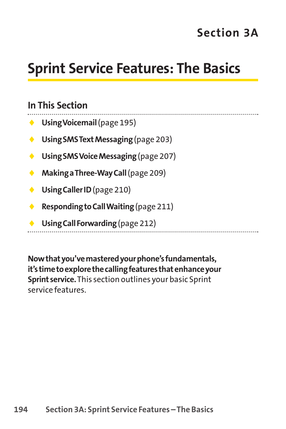 Sprint service features: the basics | Sprint Nextel SANYO SCP-3200 User Manual | Page 210 / 281