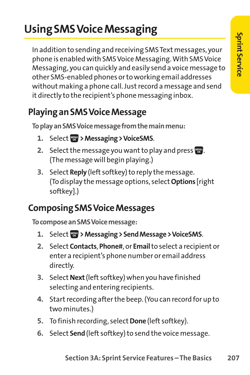 Using sms voice messaging, Playing an sms voice message, Composing sms voice messages | Sprint Nextel SANYO SCP-3200 User Manual | Page 223 / 281