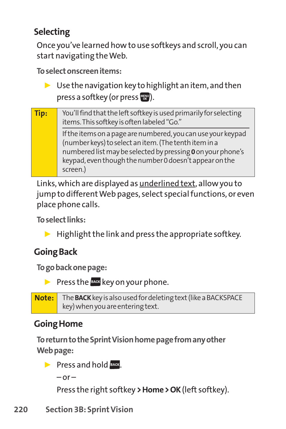 Selecting, Going back, Going home | Sprint Nextel SANYO SCP-3200 User Manual | Page 236 / 281