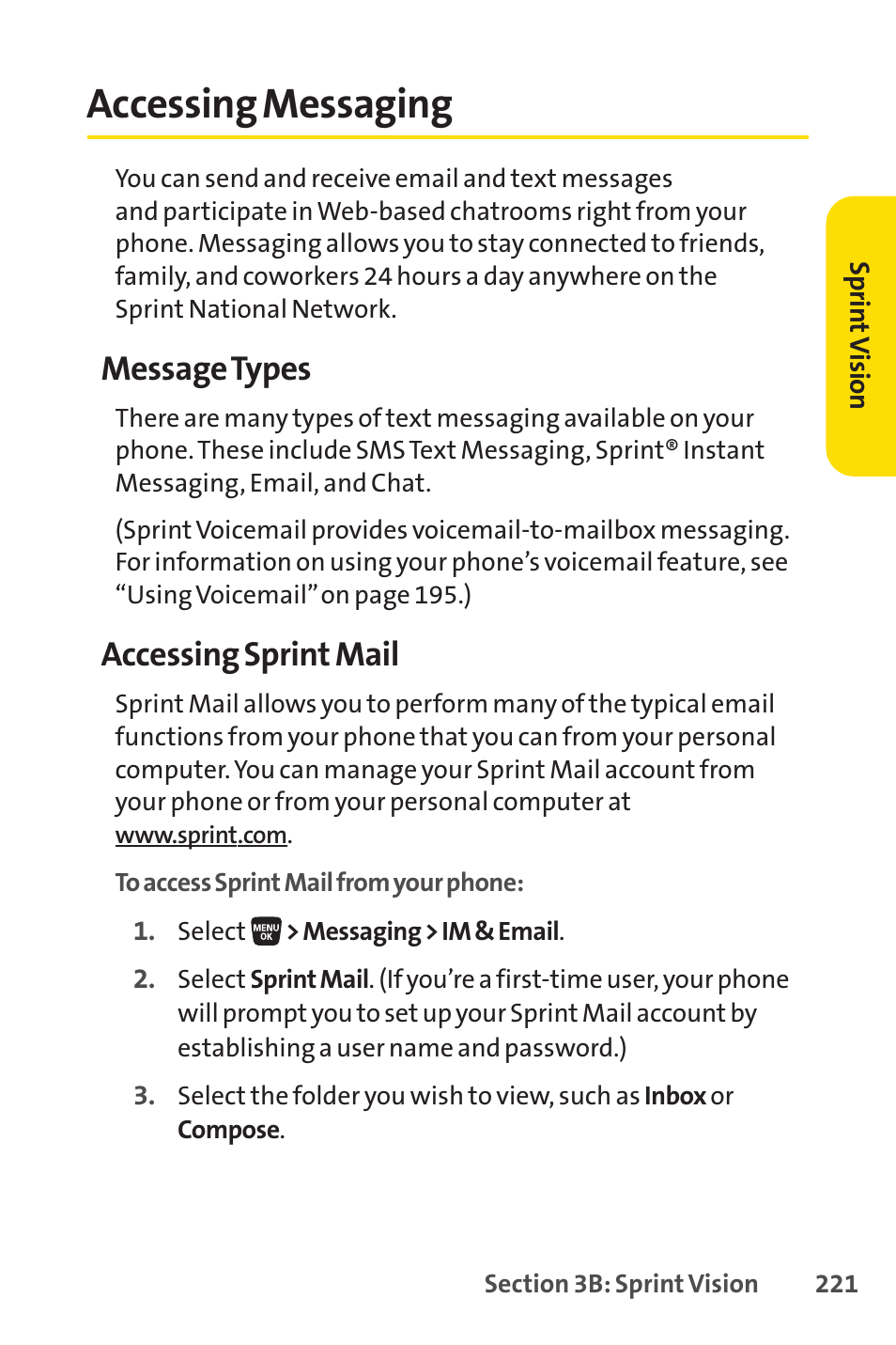 Accessing messaging, Message types, Accessing sprint mail | Sprint Nextel SANYO SCP-3200 User Manual | Page 237 / 281