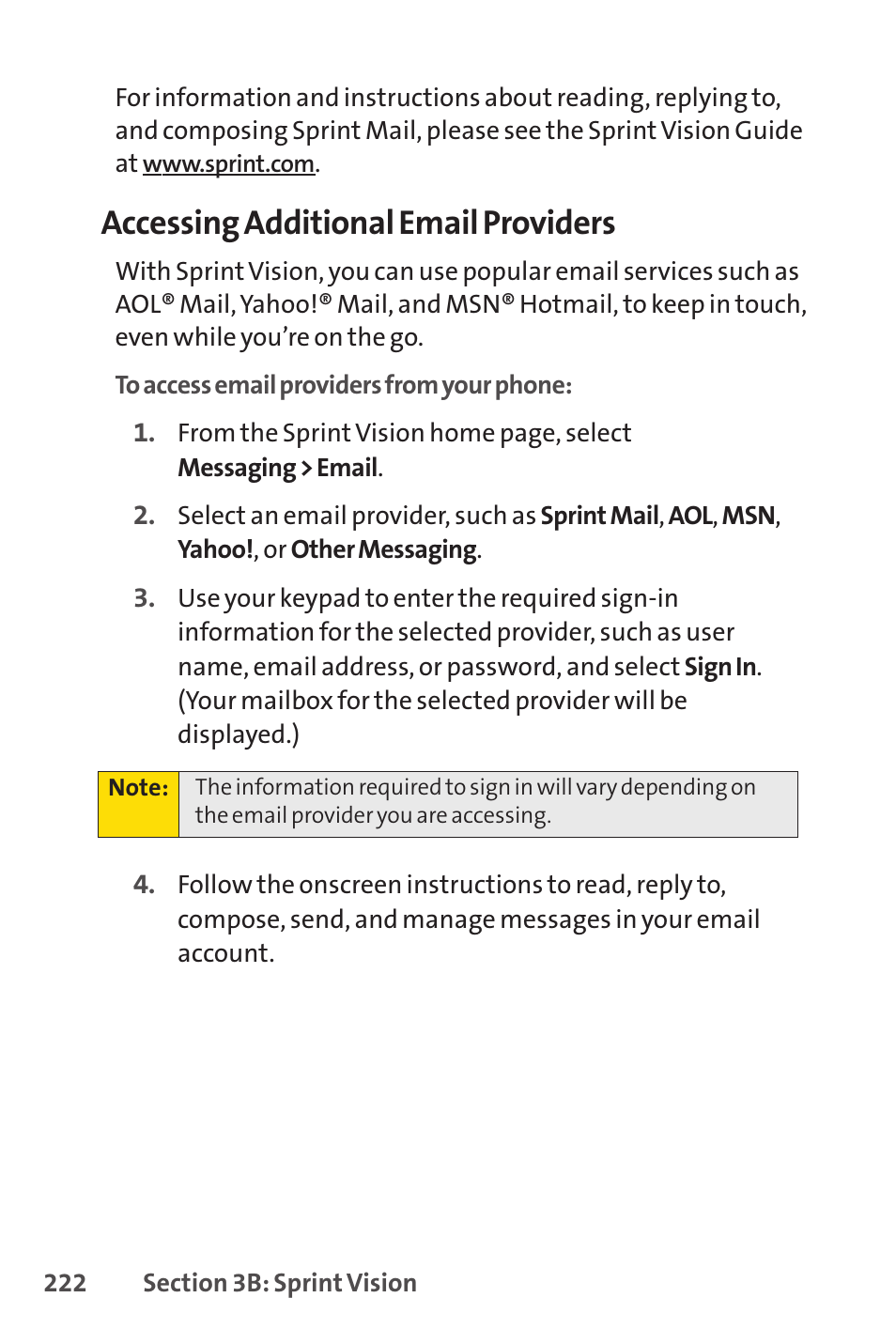 Accessing additional email providers | Sprint Nextel SANYO SCP-3200 User Manual | Page 238 / 281