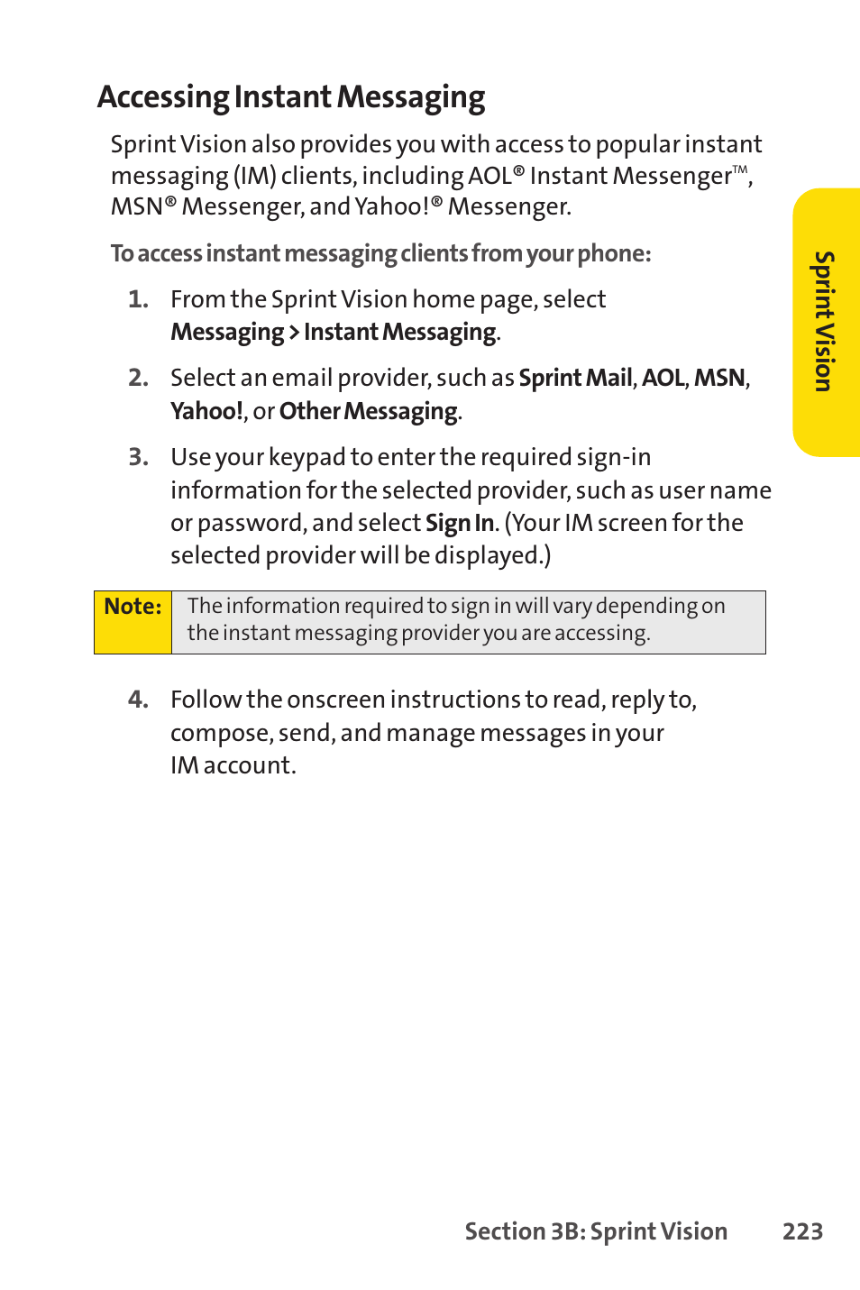 Accessing instant messaging | Sprint Nextel SANYO SCP-3200 User Manual | Page 239 / 281