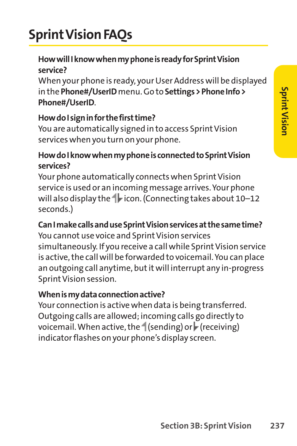 Sprint vision faqs, Sprintvision faqs | Sprint Nextel SANYO SCP-3200 User Manual | Page 253 / 281