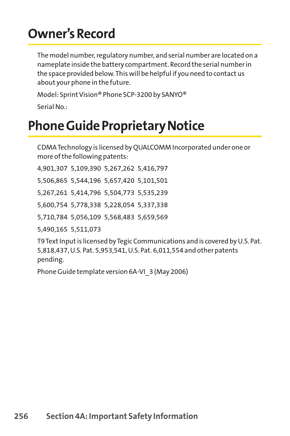 Owner's record, Phone guide proprietary notice, Owner’s record phone guide proprietary notice | Owner’s record | Sprint Nextel SANYO SCP-3200 User Manual | Page 272 / 281