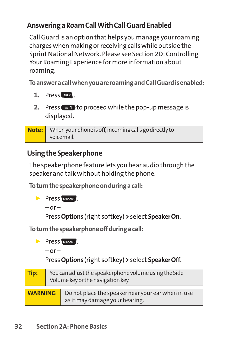 Answering a roam call with call guard enabled, Using the speakerphone | Sprint Nextel SANYO SCP-3200 User Manual | Page 48 / 281