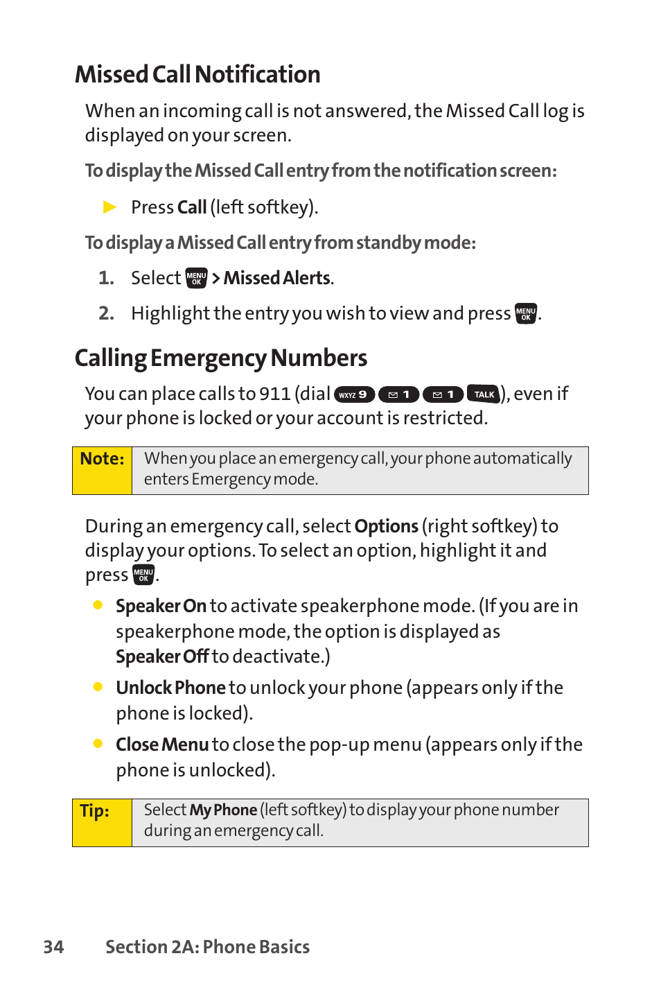 Missed call notification, Calling emergency numbers | Sprint Nextel SANYO SCP-3200 User Manual | Page 50 / 281