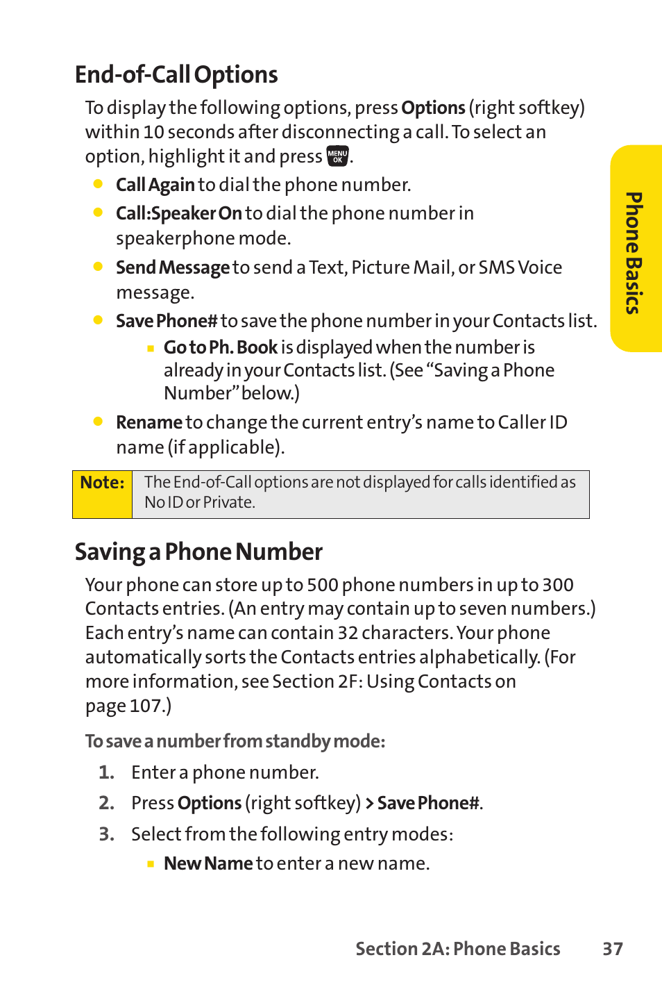 End-of-call options, Saving a phone number, Ph on e b as ics | Sprint Nextel SANYO SCP-3200 User Manual | Page 53 / 281