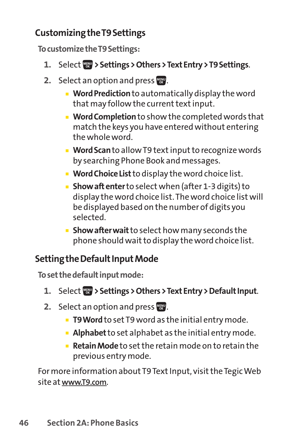 Customizing the t9 settings, Setting the default input mode | Sprint Nextel SANYO SCP-3200 User Manual | Page 62 / 281