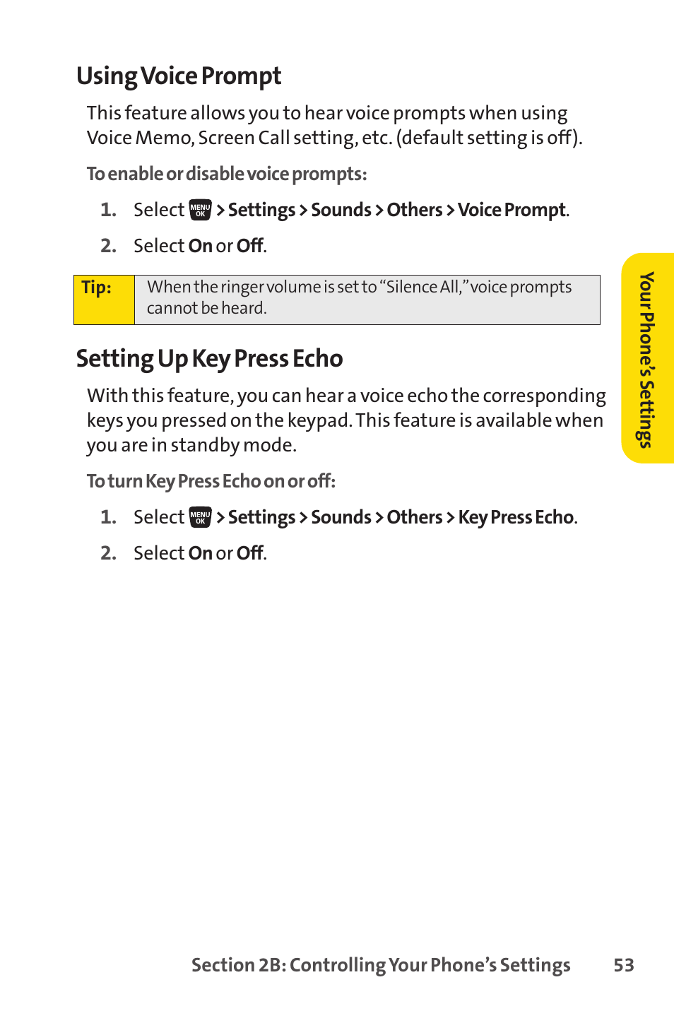 Using voice prompt, Setting up key press echo | Sprint Nextel SANYO SCP-3200 User Manual | Page 69 / 281