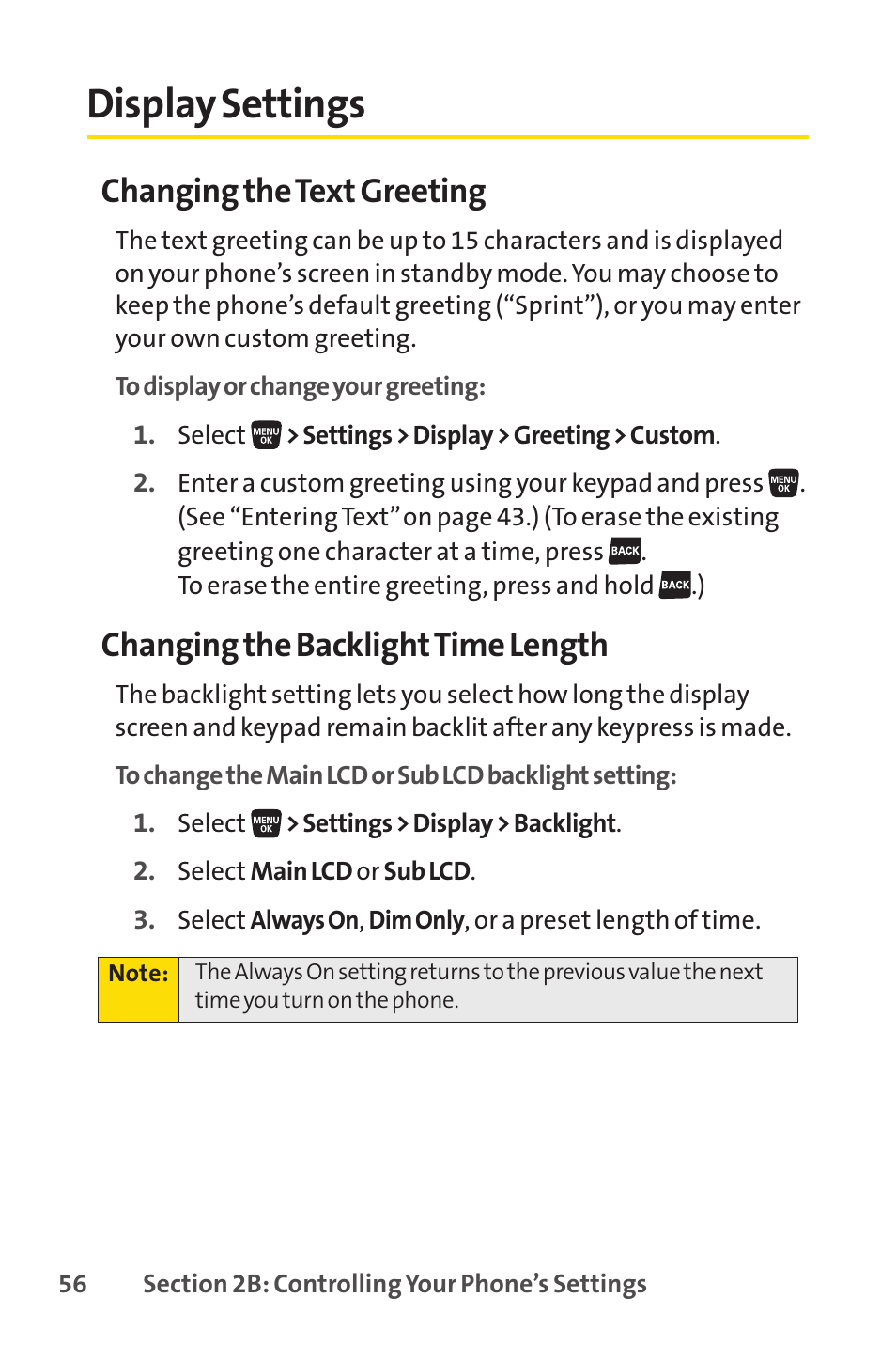 Display settings, Changing the text greeting, Changing the backlighttime length | Sprint Nextel SANYO SCP-3200 User Manual | Page 72 / 281