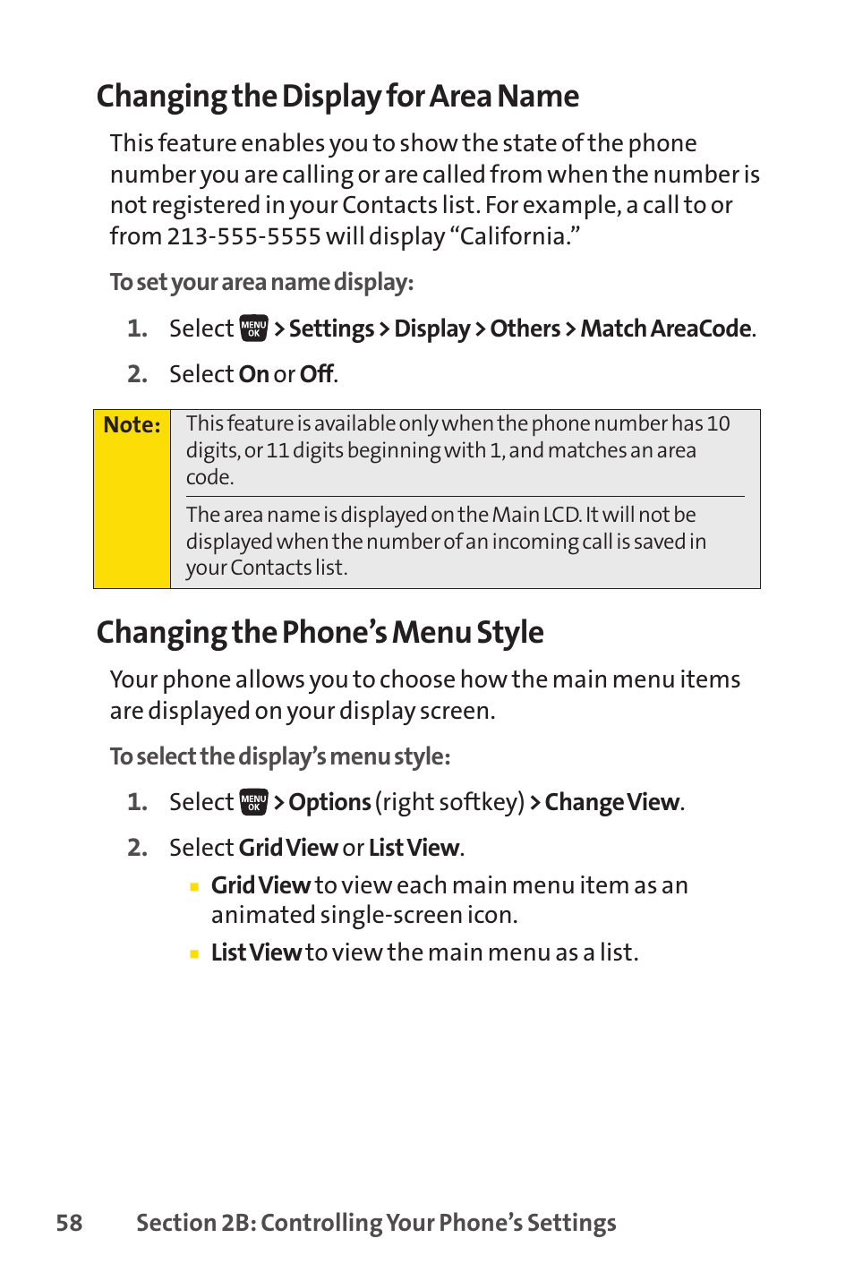 Changing the display for area name, Changing the phone’s menu style | Sprint Nextel SANYO SCP-3200 User Manual | Page 74 / 281