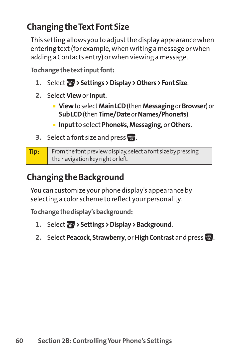 Changing the text font size, Changing the background | Sprint Nextel SANYO SCP-3200 User Manual | Page 76 / 281