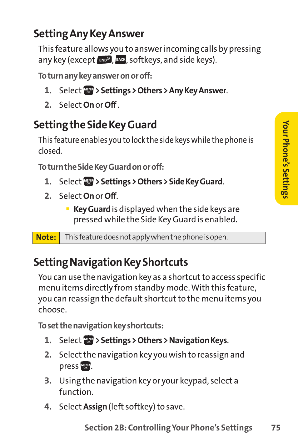 Setting any key answer, Setting the side key guard, Setting navigation key shortcuts | Sprint Nextel SANYO SCP-3200 User Manual | Page 91 / 281