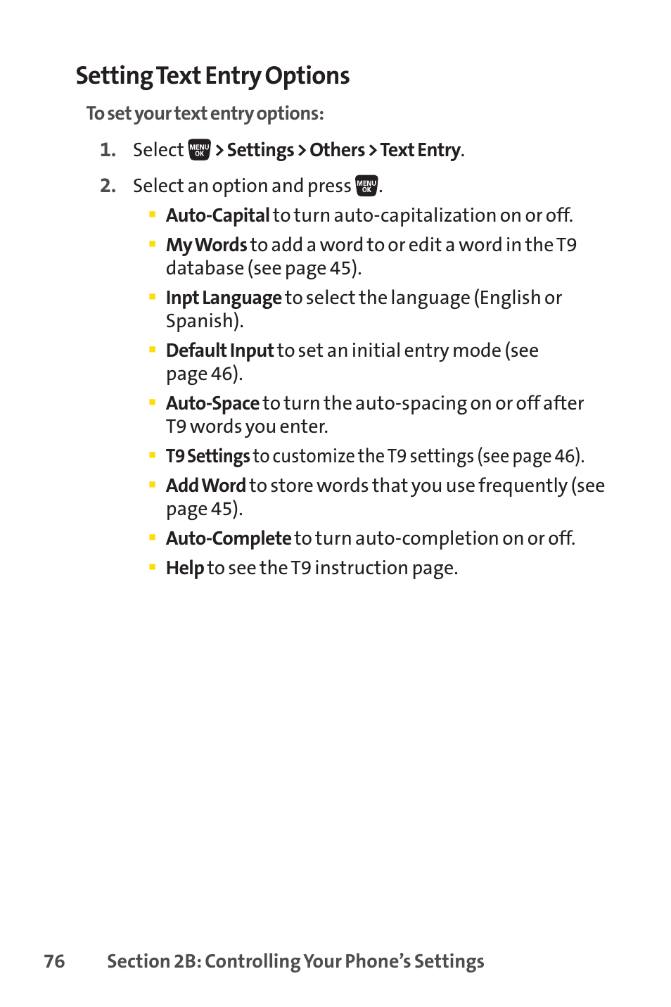 Setting text entry options | Sprint Nextel SANYO SCP-3200 User Manual | Page 92 / 281