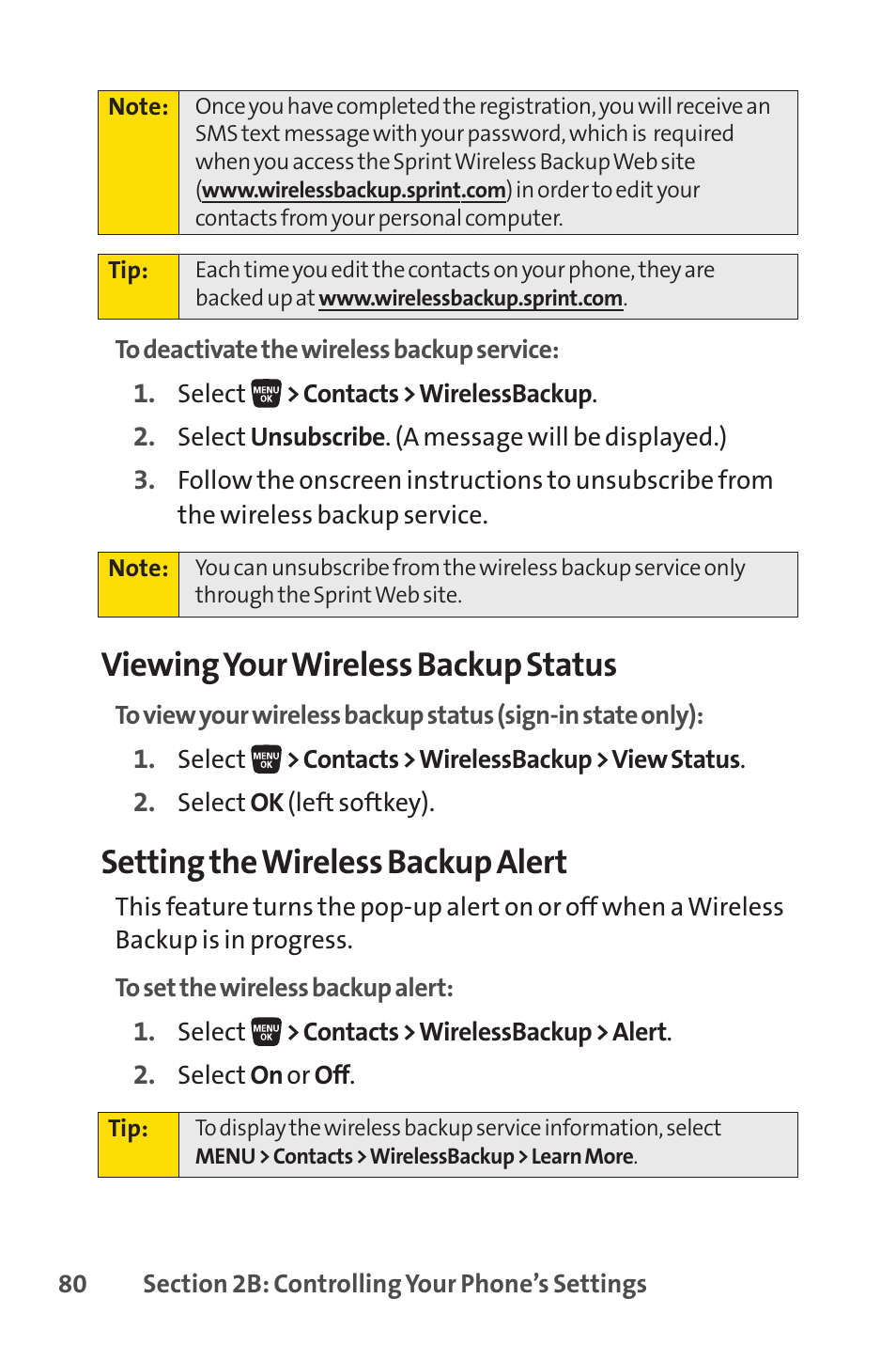 Viewing your wireless backup status, Setting the wireless backup alert | Sprint Nextel SANYO SCP-3200 User Manual | Page 96 / 281