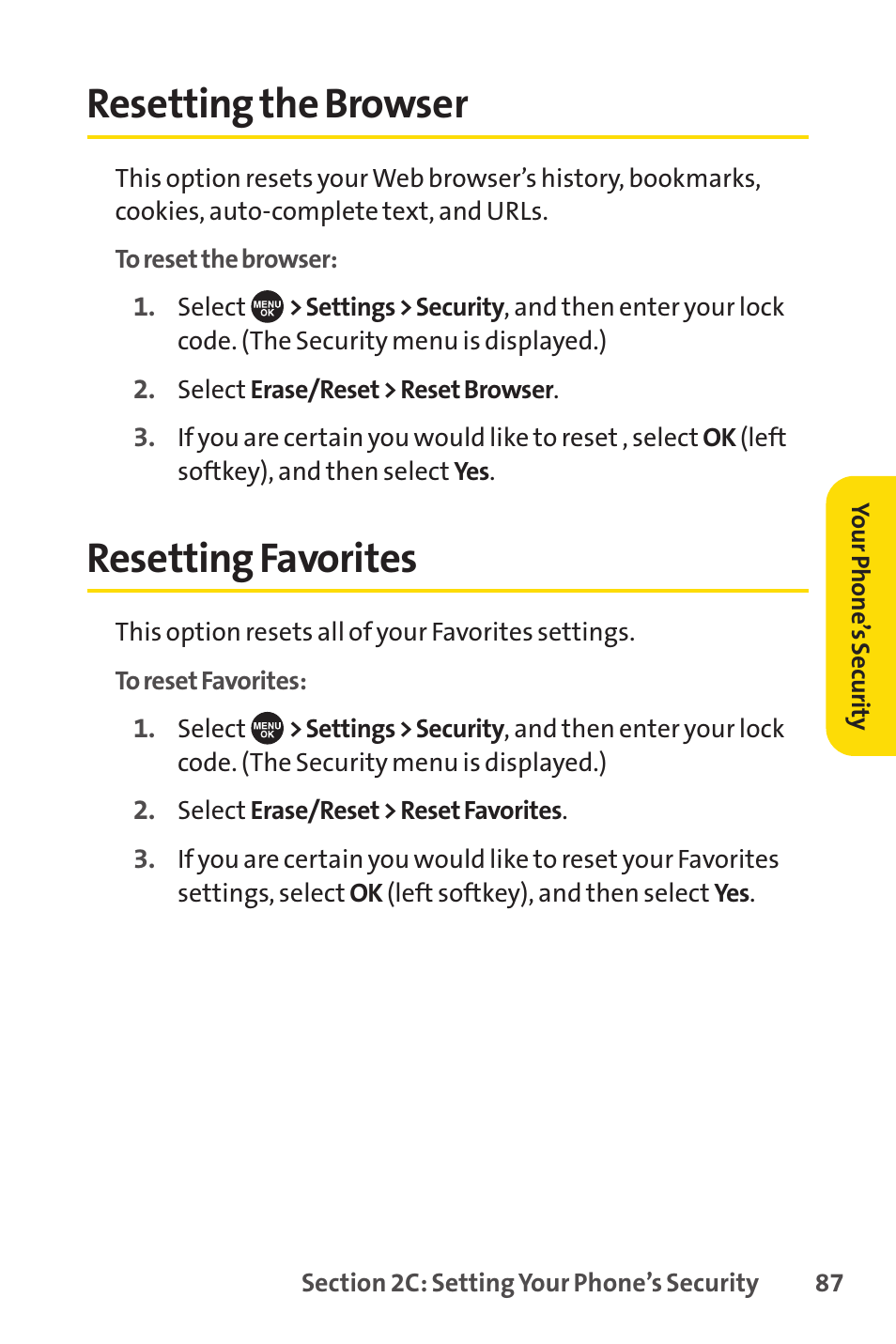 Resetting the browser, Resetting favorites, Resetting the browser resetting favorites | Sprint Nextel SCP-7050 User Manual | Page 103 / 267