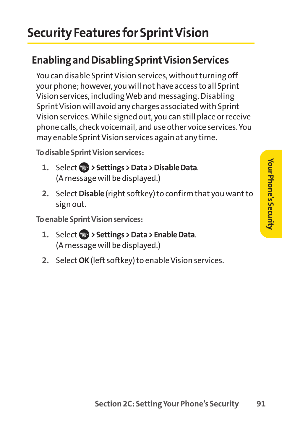 Security features for sprint vision, Security features for sprintvision, Enabling and disabling sprintvision services | Sprint Nextel SCP-7050 User Manual | Page 107 / 267