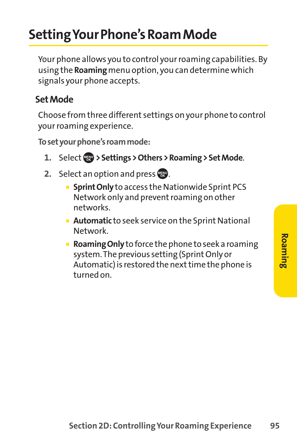 Setting your phone’s roam mode, Settingyour phone’s roam mode | Sprint Nextel SCP-7050 User Manual | Page 111 / 267