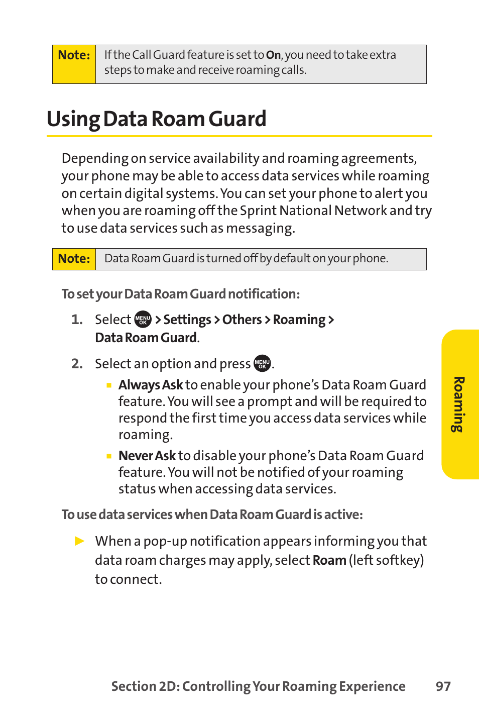 Using data roam guard | Sprint Nextel SCP-7050 User Manual | Page 113 / 267