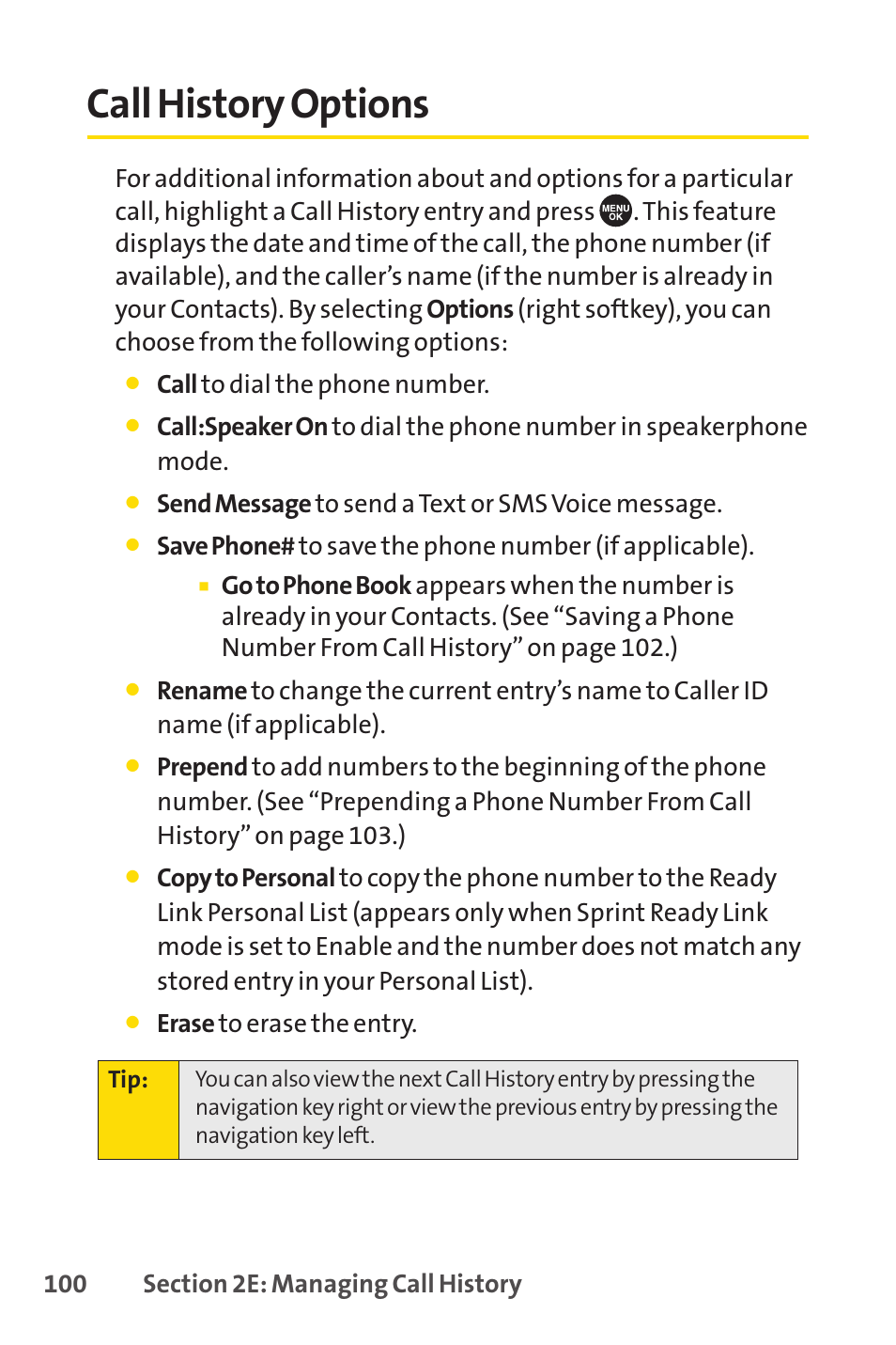 Call history options | Sprint Nextel SCP-7050 User Manual | Page 116 / 267