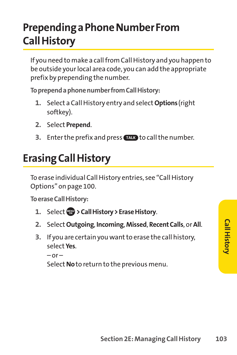 Prepending a phone number from call history, Erasing call history | Sprint Nextel SCP-7050 User Manual | Page 119 / 267