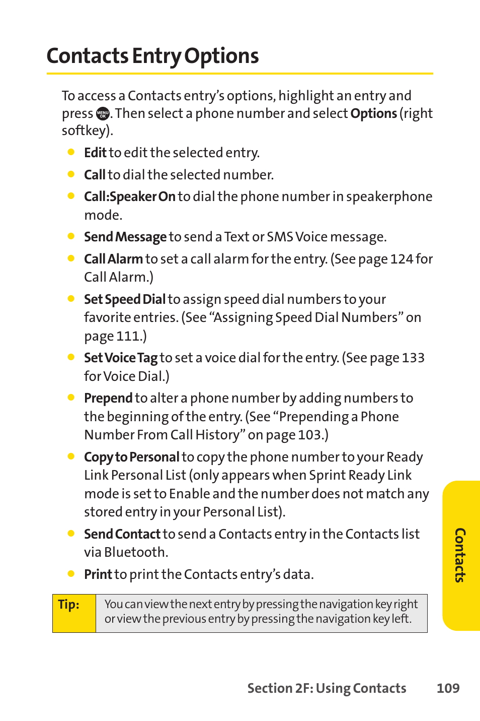 Contacts entry options, Co n ta ct s | Sprint Nextel SCP-7050 User Manual | Page 125 / 267