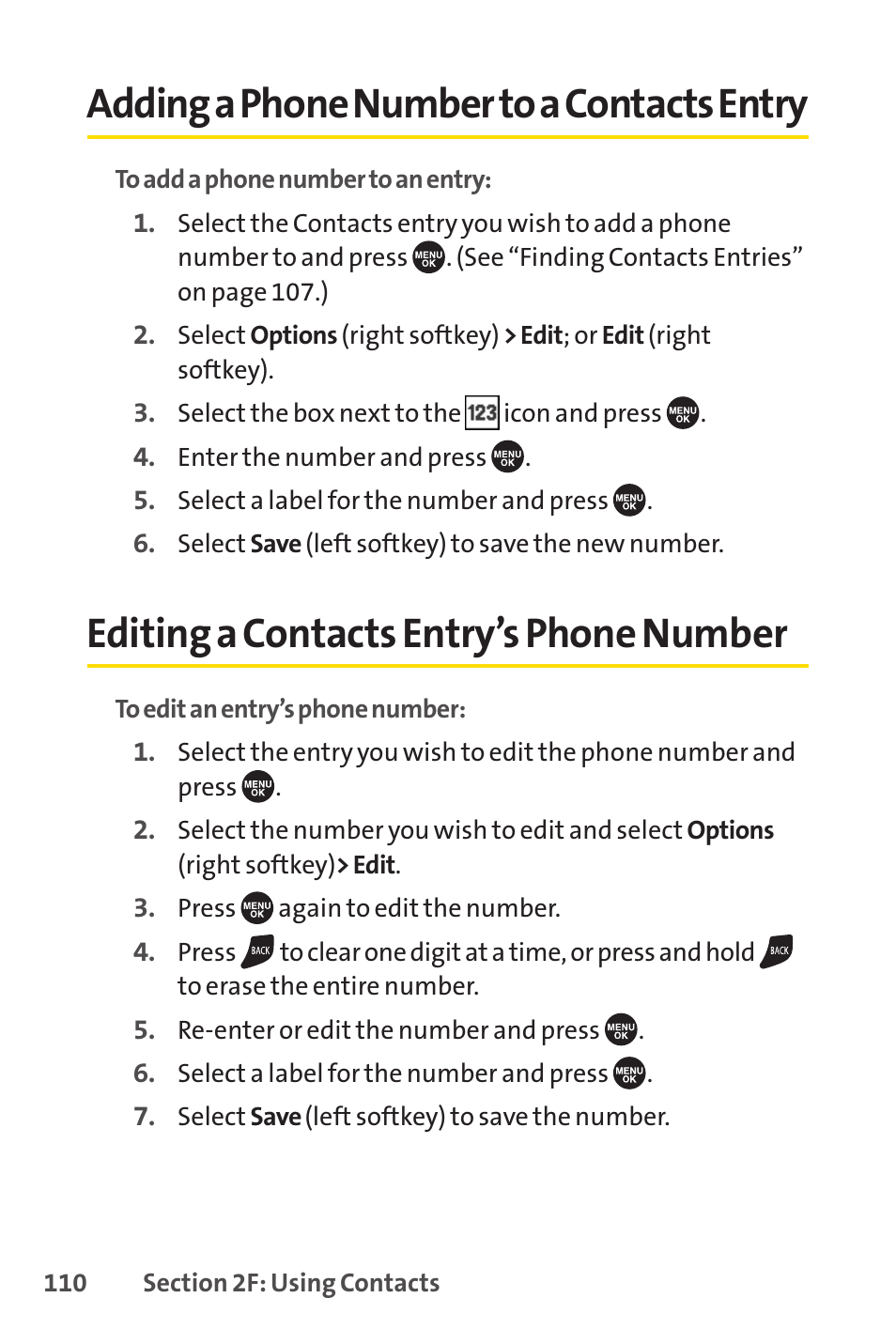 Adding a phone number to a contacts entry, Editing a contacts entry’s phone number, Adding a phone numberto a contacts entry | Sprint Nextel SCP-7050 User Manual | Page 126 / 267