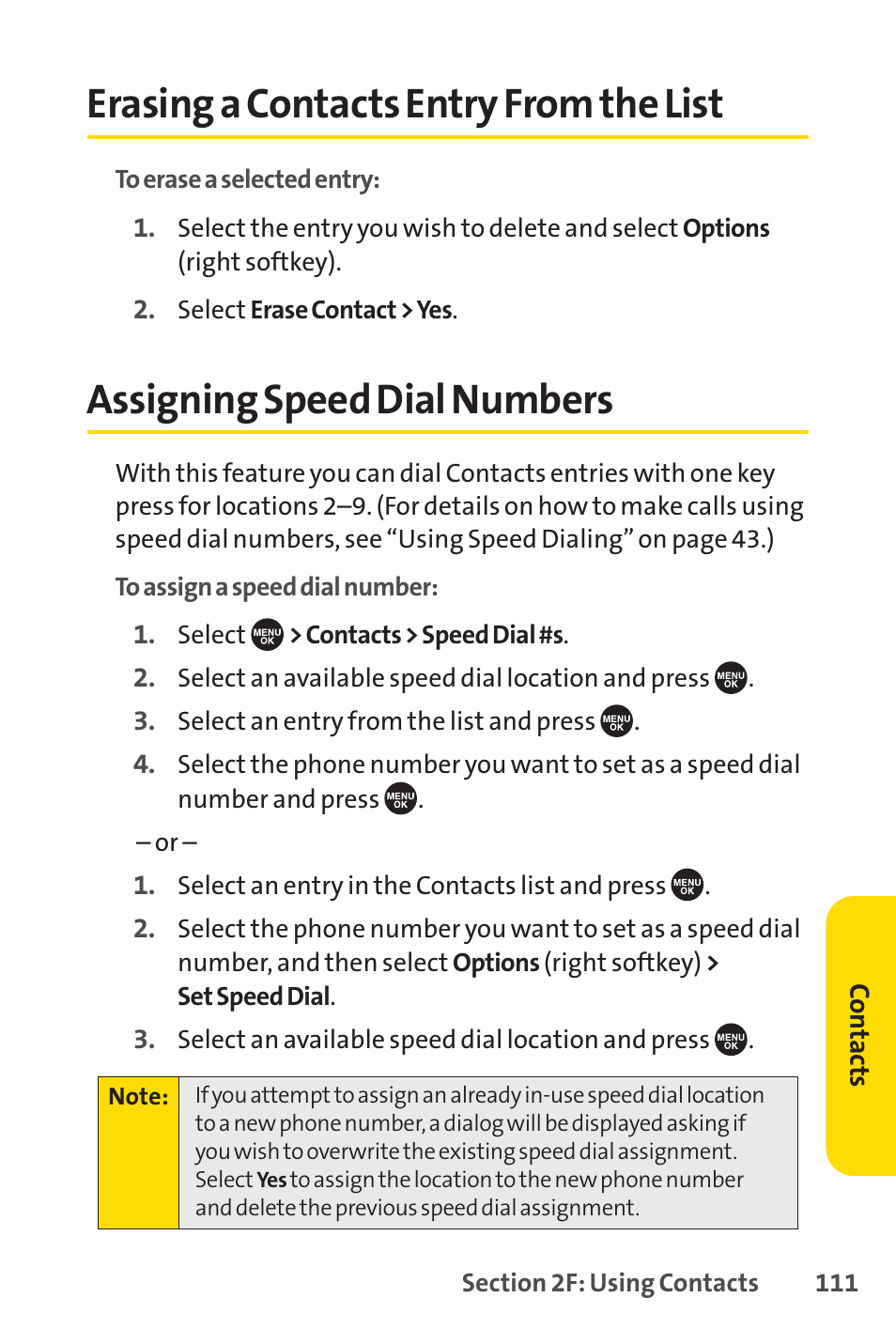 Erasing a contacts entry from the list, Assigning speed dial numbers | Sprint Nextel SCP-7050 User Manual | Page 127 / 267