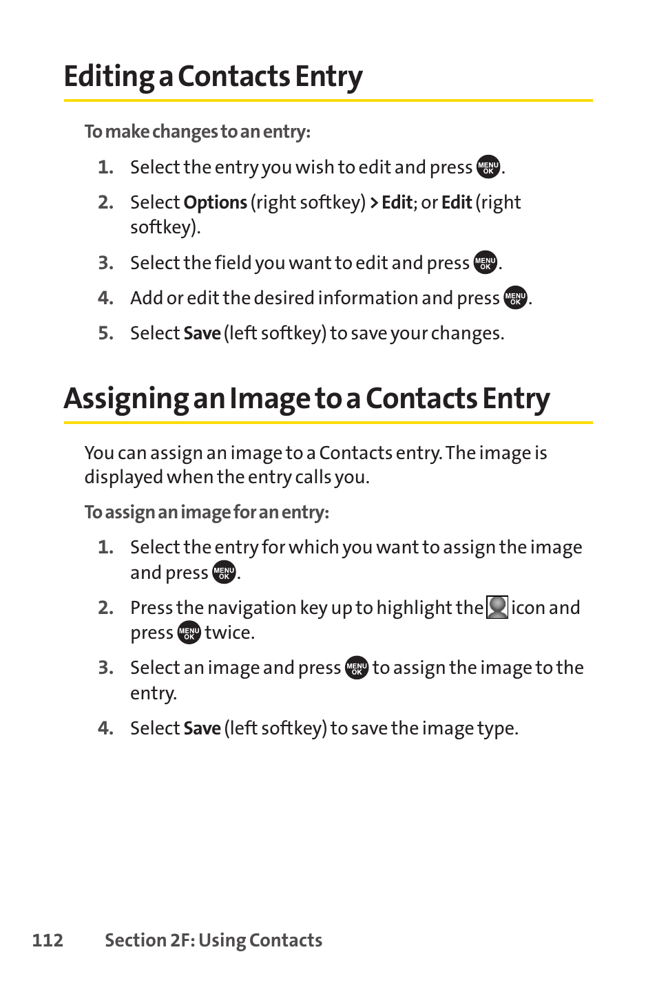 Editing a contacts entry, Assigning an imageto a contacts entry, Assigning an image to a contacts entry | Sprint Nextel SCP-7050 User Manual | Page 128 / 267