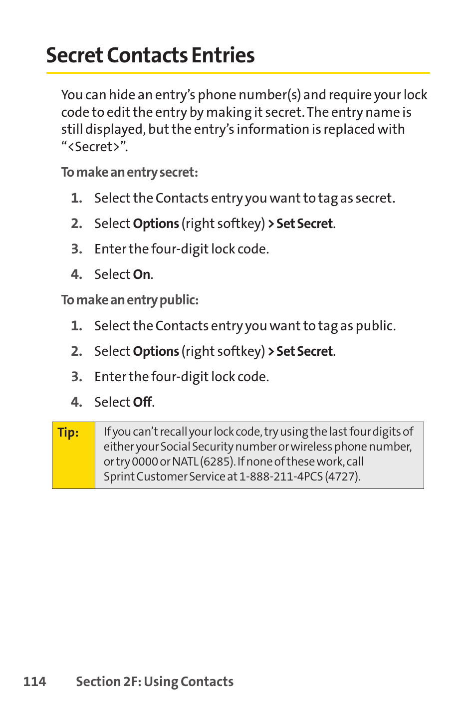 Secret contacts entr, Secret contacts entries | Sprint Nextel SCP-7050 User Manual | Page 130 / 267