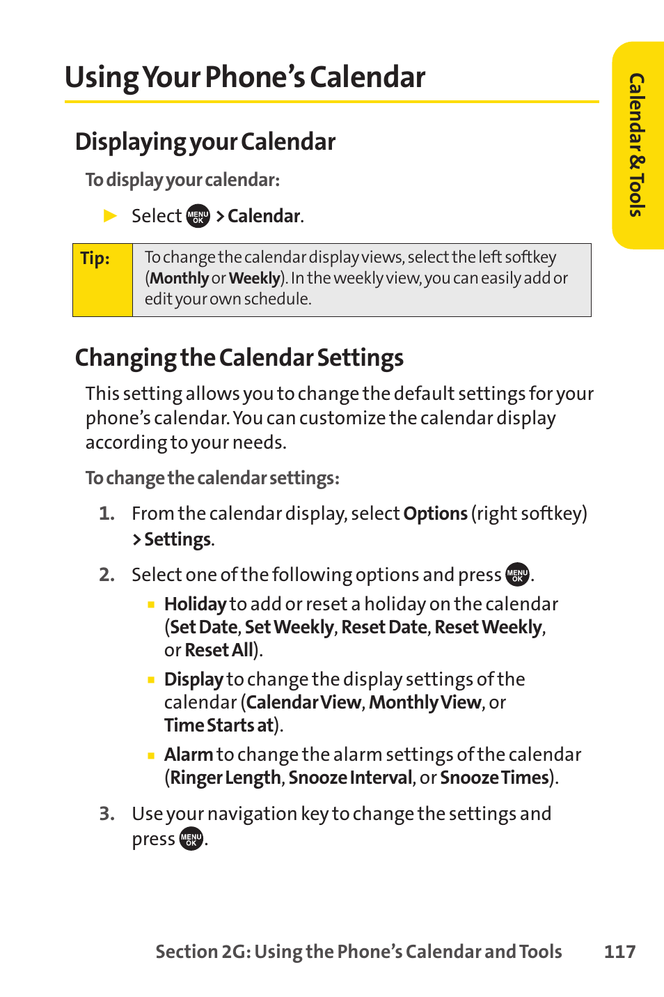 Using your phone’s calendar, Displaying your calendar, Changing the calendar settings | Sprint Nextel SCP-7050 User Manual | Page 133 / 267
