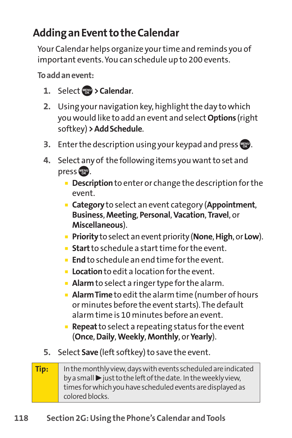 Adding an event to the calendar | Sprint Nextel SCP-7050 User Manual | Page 134 / 267