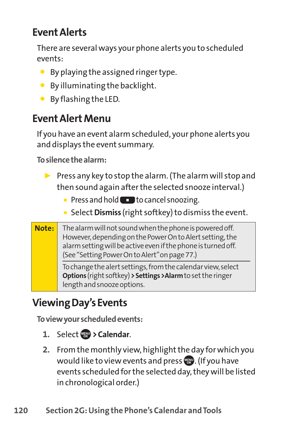 Event alerts, Event alert menu, Viewing day’s events | Sprint Nextel SCP-7050 User Manual | Page 136 / 267