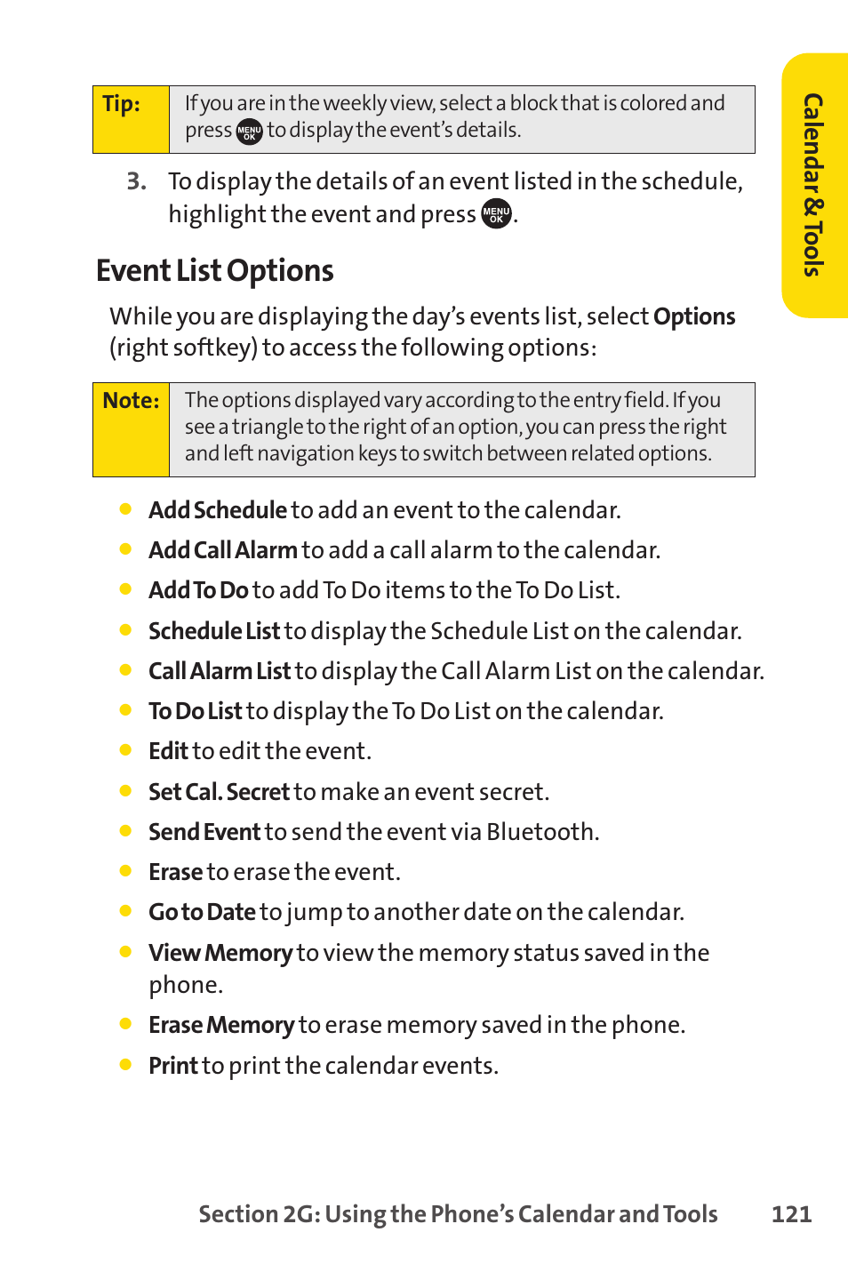Event list options, Ca le n da r & to ols | Sprint Nextel SCP-7050 User Manual | Page 137 / 267