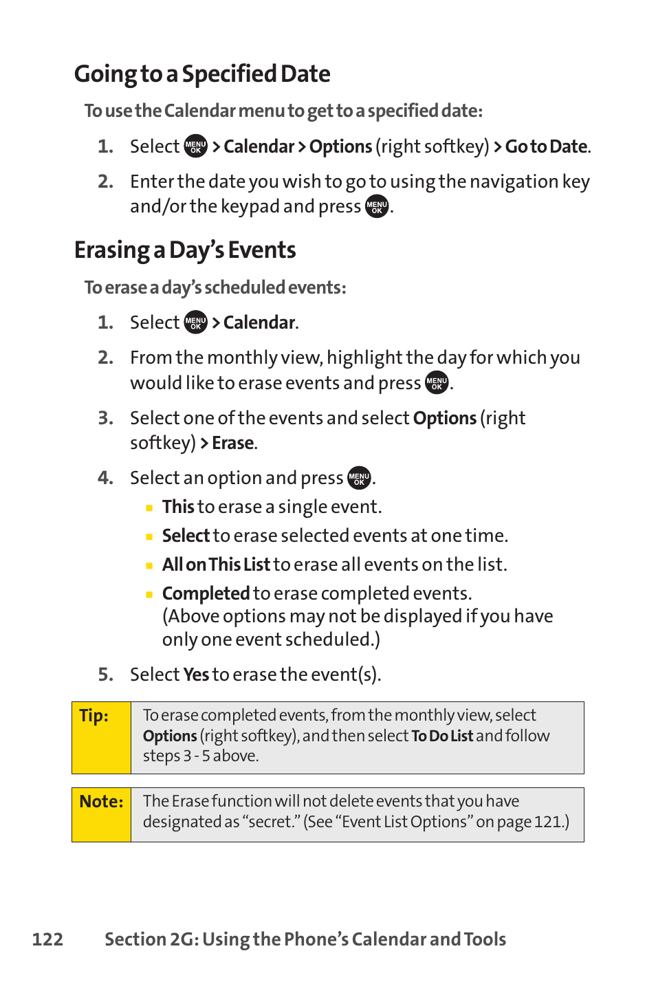 Going to a specified date, Erasing a day’s events | Sprint Nextel SCP-7050 User Manual | Page 138 / 267
