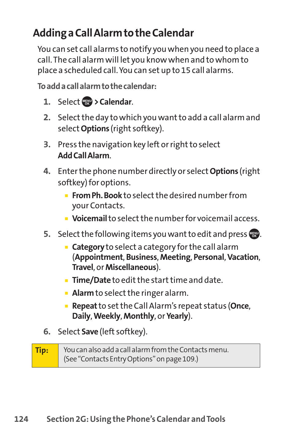Adding a call alarm to the calendar | Sprint Nextel SCP-7050 User Manual | Page 140 / 267