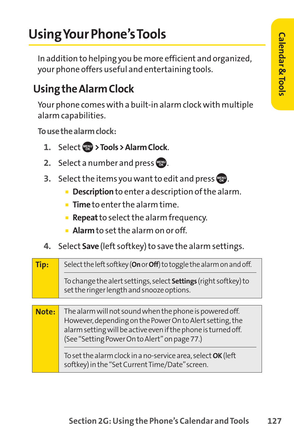 Using your phone’s tools, Using the alarm clock | Sprint Nextel SCP-7050 User Manual | Page 143 / 267