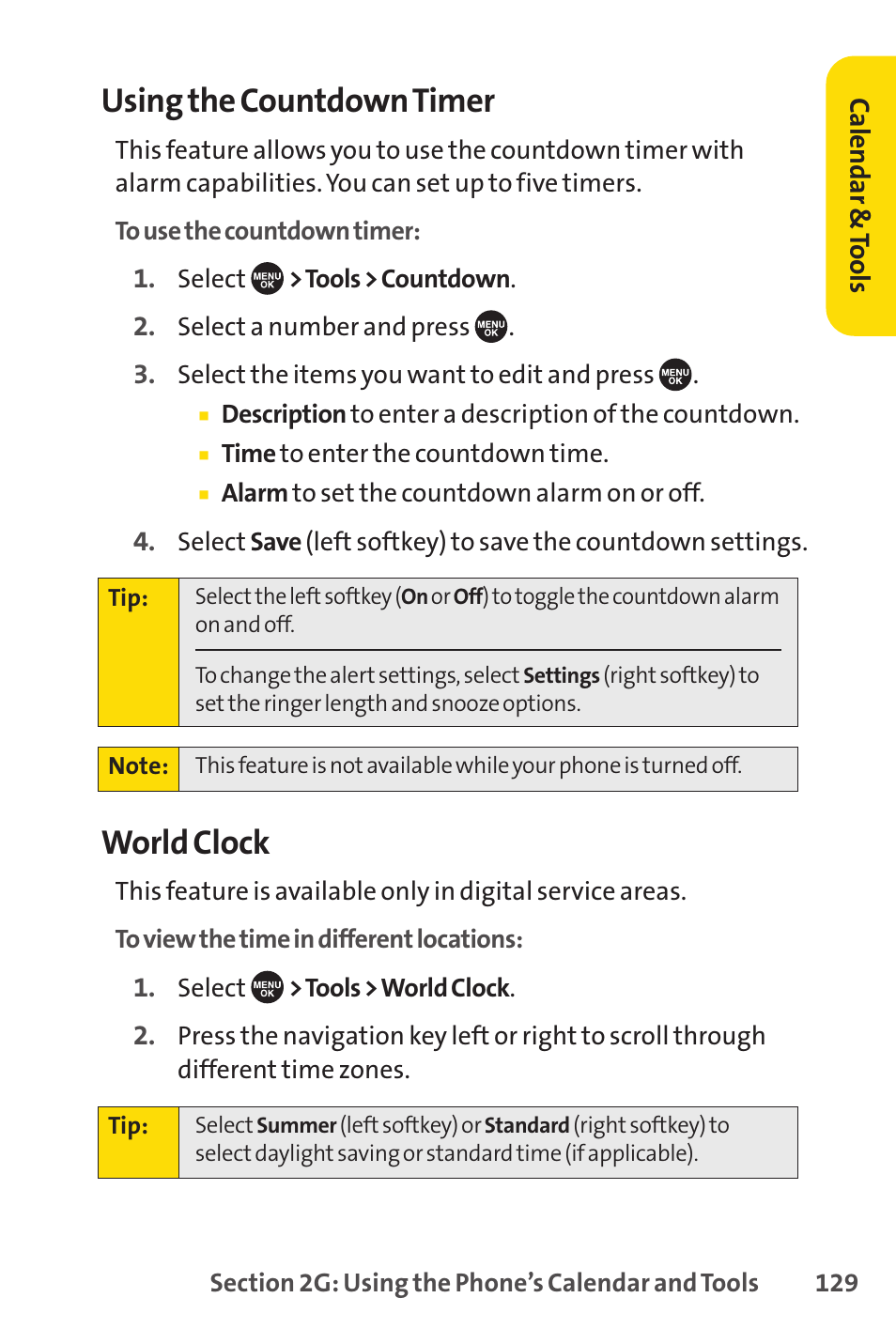 Using the countdown timer, World clock | Sprint Nextel SCP-7050 User Manual | Page 145 / 267