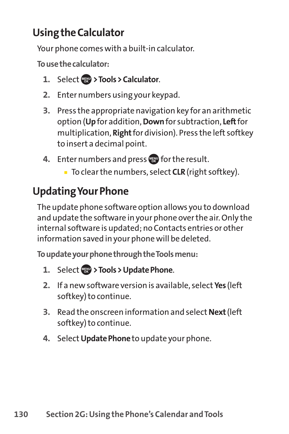 Using the calculator, Updating your phone | Sprint Nextel SCP-7050 User Manual | Page 146 / 267