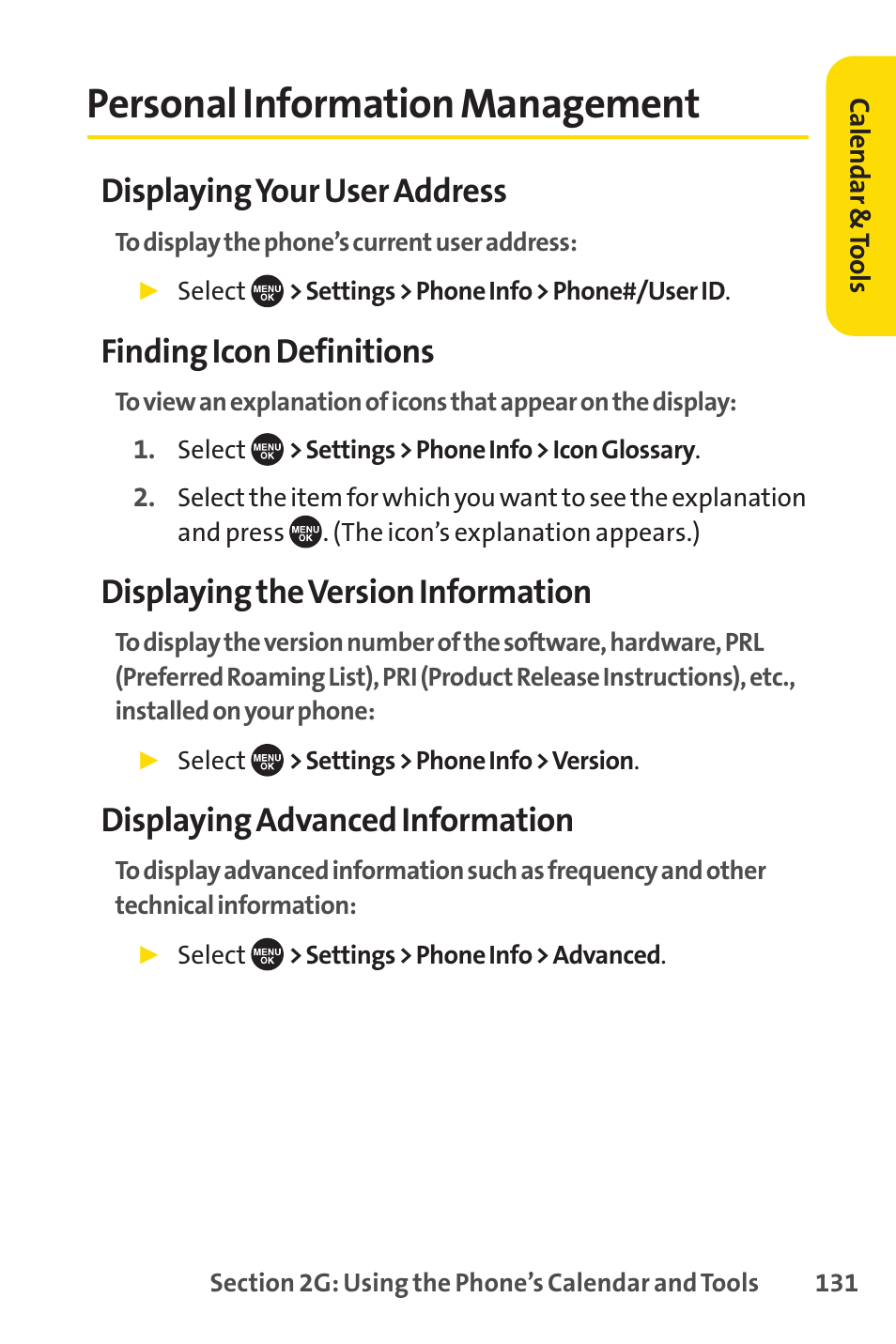 Personal information management, Displaying your user address, Finding icon definitions | Displaying the version information, Displaying advanced information | Sprint Nextel SCP-7050 User Manual | Page 147 / 267