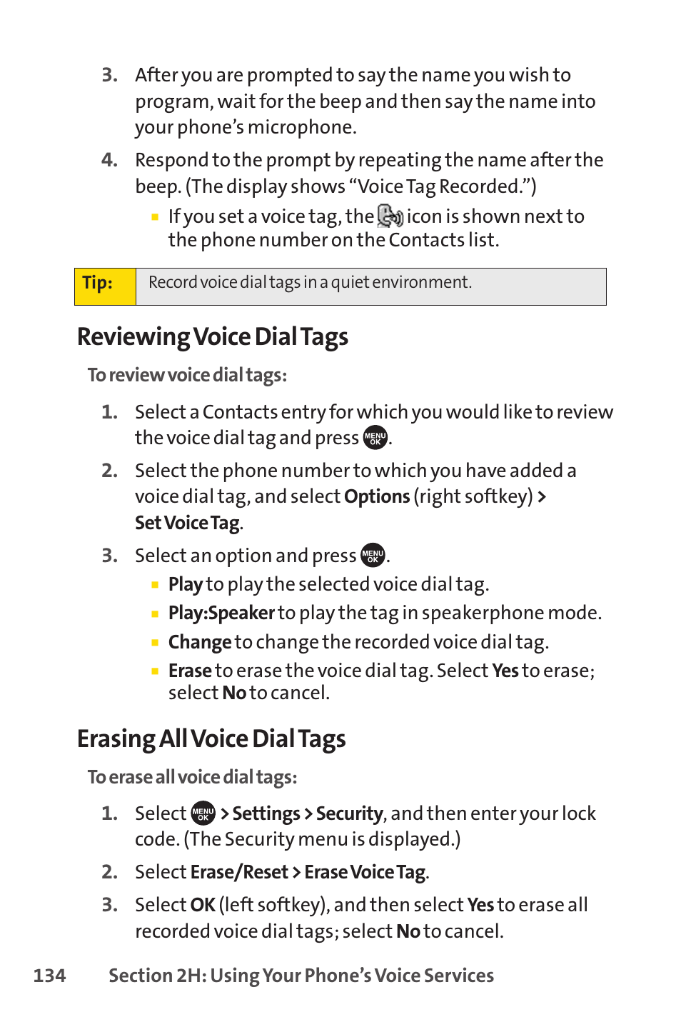 Reviewing voice dial tags, Erasing all voice dial tags | Sprint Nextel SCP-7050 User Manual | Page 150 / 267